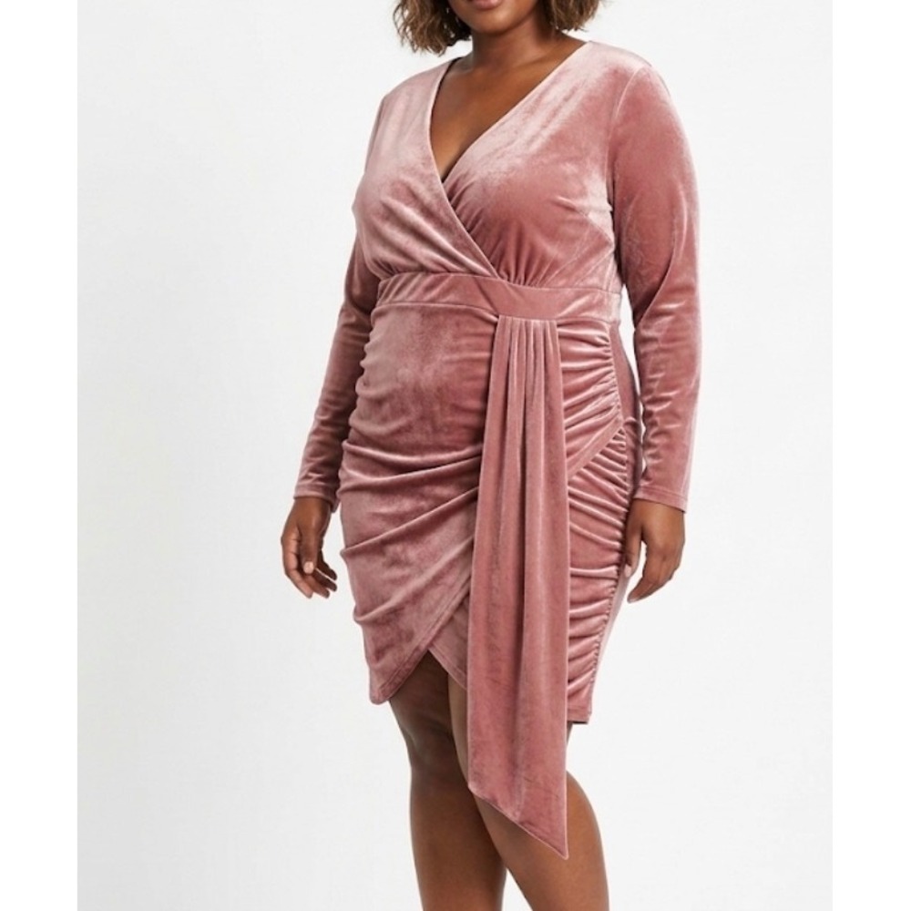 Forever 21 Plus Size 2X Velvet Wrap Mini Dress Dusty Rose Pink Long Sleeve